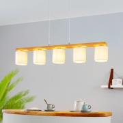 Hängelampe Castralvo, Länge 115 cm, holz/weiß, 5-flg., Stoff