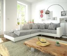 Ecksofa Clovis Weiss Hellgrau Hocker Armlehne Ottomane Links Modulsofa