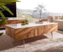 Couchtisch Bahan 115x60 cm Mango Teak 2 Schubladen Marmorplatte weiss ...