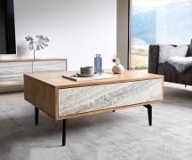Couchtisch Kleo 80x60 cm Akazie Natur 2 Schübe Winkelfuß Metall Schwar...